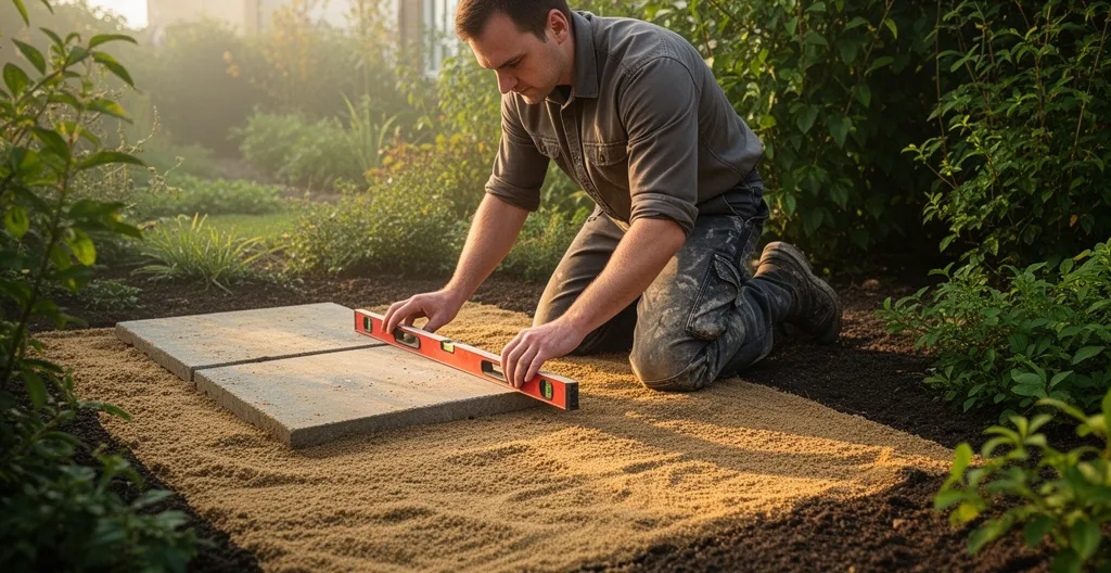 Paysagiste posant des dalles de terrasse dans un jardin résidentiel