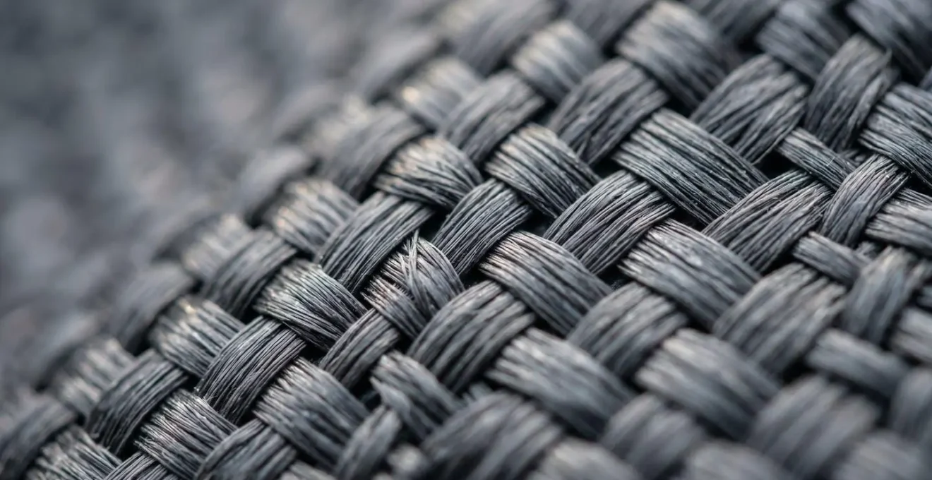 Vue en très gros plan sur la texture d'un tressage de résine haute densité, détails des fibres synthétiques, flou artistique en arrière-plan