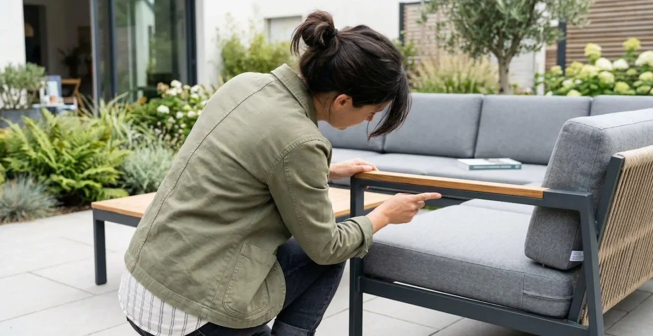 Personne vue de dos inspectant la structure d'un meuble de jardin, geste de vérification de la qualité, lumière naturelle de jour, environnement terrasse contemporaine