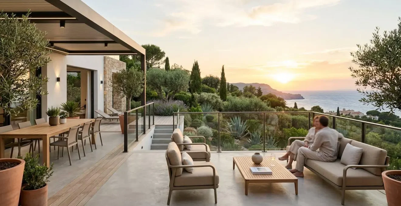 Une terrasse contemporaine aménagée avec mobilier de jardin design, végétation méditerranéenne luxuriante en arrière-plan, lumière dorée de fin de journée