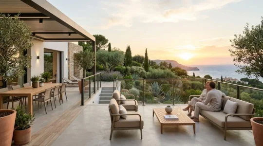 Une terrasse contemporaine aménagée avec mobilier de jardin design, végétation méditerranéenne luxuriante en arrière-plan, lumière dorée de fin de journée