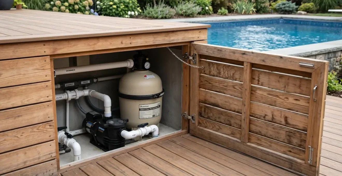 Panneau de bois ouvrant dans la jupe de terrasse pour accéder au local technique de filtration piscine