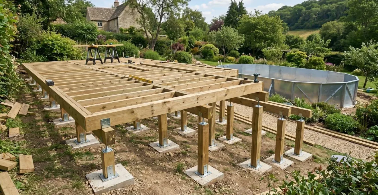 Structure de pilotis réglables en bois traité supportant une terrasse surélevée à hauteur du bord de piscine acier
