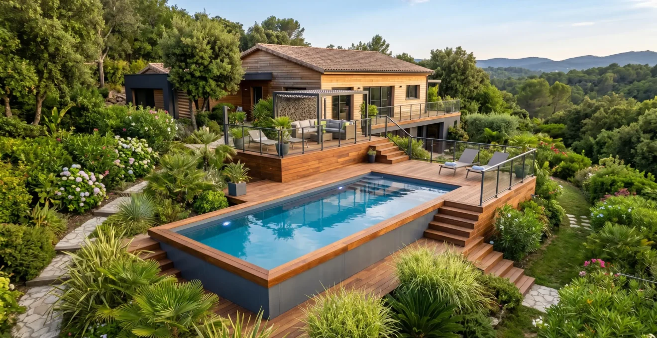 Terrasse surélevée en bois IPE entourant une piscine acier avec rendu semi-enterré dans un jardin paysager