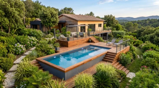 Terrasse surélevée en bois IPE entourant une piscine acier avec rendu semi-enterré dans un jardin paysager