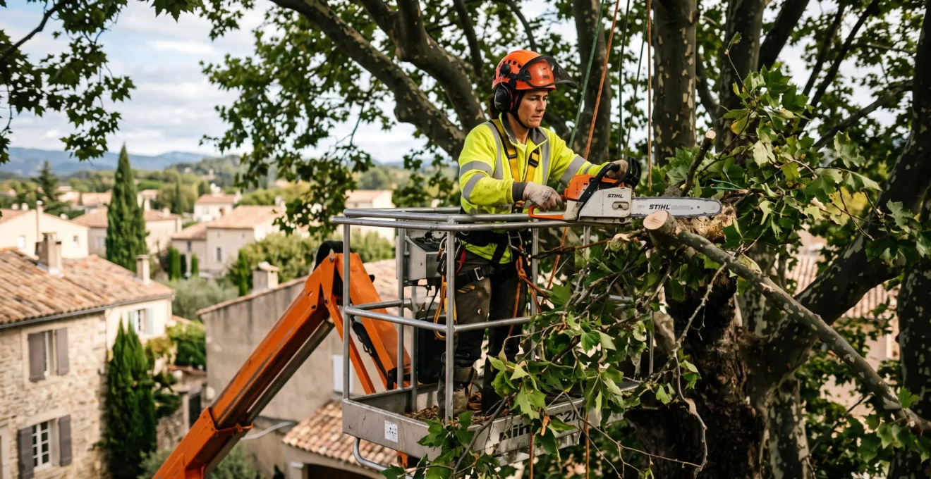 Élagueur professionnel travaillant depuis une nacelle élévatrice en hauteur pour tailler un grand arbre méditerranéen