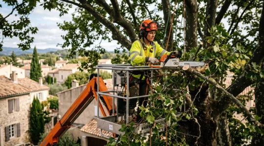 Élagueur professionnel travaillant depuis une nacelle élévatrice en hauteur pour tailler un grand arbre méditerranéen