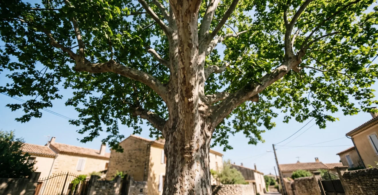 Grand platane de plus de 18 mètres de hauteur dans une propriété du Vaucluse avec architecture provençale en arrière-plan