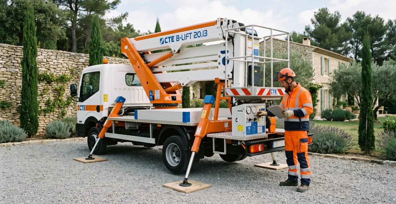 Nacelle élévatrice repliée au sol avec élagueur effectuant les vérifications de sécurité avant intervention